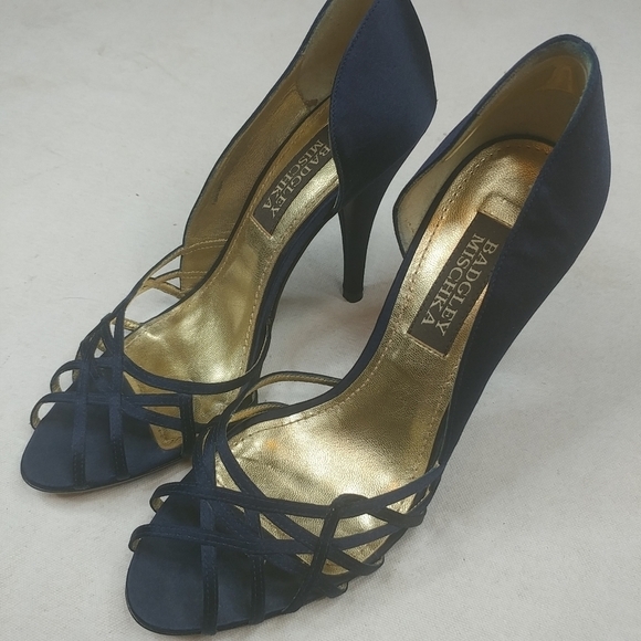 Badgley Mischka Navy Blue Satin/Kid Suede 5.5 M op - Picture 1 of 8